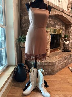 Fringe Hem Mini Dress in Taupe with Spaghetti Straps